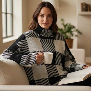 DKNY Black & Ivory Buffalo Check Knit Sweater | Cozy Statement Pullover | Size L